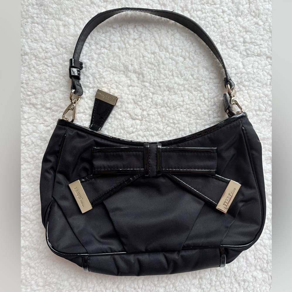 Italian Designer Brand Ferre Milano Black Shoulder Bag with Bow Accent
